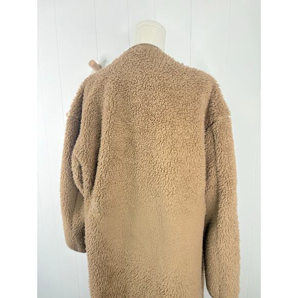 Uniqlo Tan Teddy Coat Womens Small Longline Fleece Sherpa Jacket No Collar - Picture 11 of 13